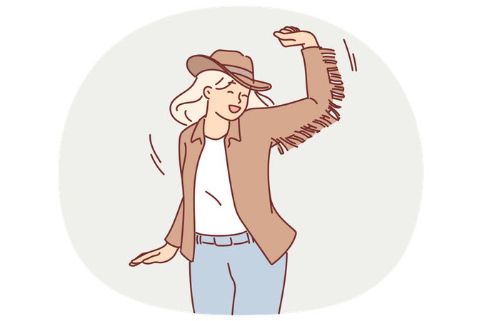 Cawgirl dançando com chapéu e roupas de cavaleiro do velho oeste para se divertir em festas no estilo western  Ilustração