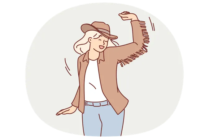 Cawgirl dançando com chapéu e roupas de cavaleiro do velho oeste para se divertir em festas no estilo western  Ilustração