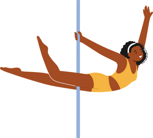 Dançarina de pole dance negra ágil com movimentos fluidos ao redor do pole dance  Ilustração