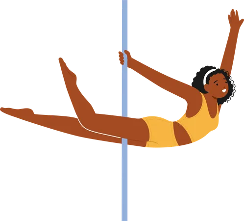 Dançarina de pole dance negra ágil com movimentos fluidos ao redor do pole dance  Ilustração