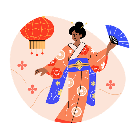 Dançarina tradicional japonesa em quimono segurando leque  Ilustração