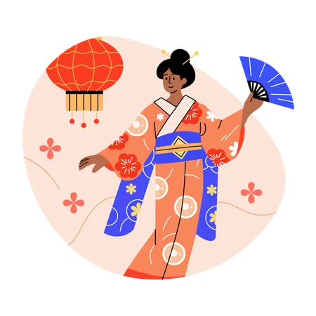 Dançarina tradicional japonesa em quimono segurando leque  Ilustração