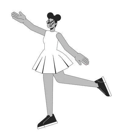 Dancing African American Girl Flat Line Black White Vector Character Lady Throwing Up Hands Editable Outline Full Body Person Simple Cartoon Isolated Spot Illustration For Web Graphic Design Illustration