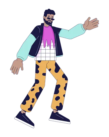 Dancing African American Man 2 D Linear Cartoon Character Disco Party Fun Stylish Black Guy Isolated Line Vector Person White Background 80 S Years Clothes Color Flat Spot Illustration Illustration