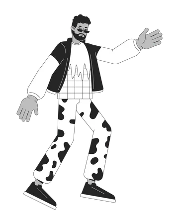 Dancing African American Man Black And White 2 D Line Cartoon Character Disco Party Fun Stylish Black Guy Isolated Vector Outline Person 80 S Years Clothes Monochromatic Flat Spot Illustration Illustration