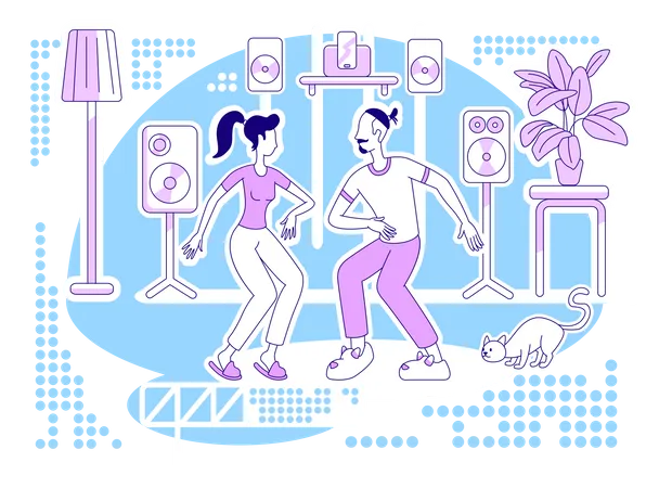 Dancing At Home Flat Silhouette Vector Illustration Family Activity While Staying Indoors Recreation Inside House Couple Outline Characters On Blue Background Weekend Simple Style Drawing Illustration