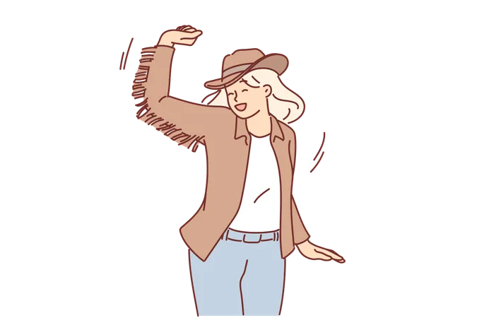Dancing Cawgirl In Hat And Rider Clothes From Wild West To Have Fun At Parties In Western Style Dancing Rancher Woman Laughing Inviting Guests To Festival Or Disco In American State Of Texas Illustration