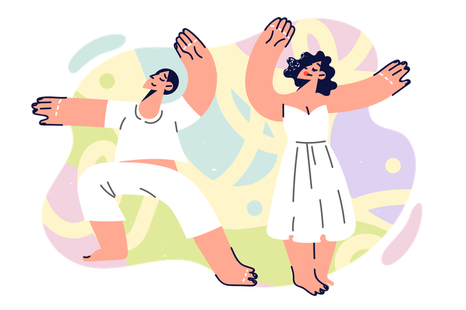 Dancing couple of man and woman performs dance together  イラスト