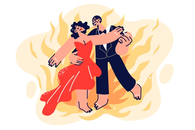 Dancing Couple Performs Passionate Salsa Dance Demonstrating Fiery Passion Dressed In Tuxedo And Elegant Dress Man And Woman Attending Latin American Dance School Or Performing At Music Party Illustration