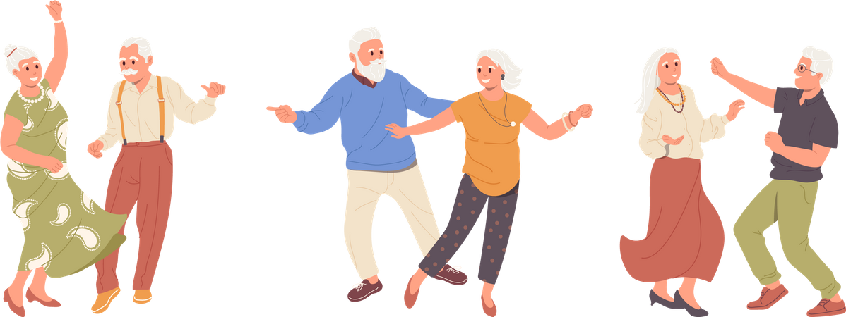 Dancing elderly people character romantic loving couple moving together holding hands Illustration