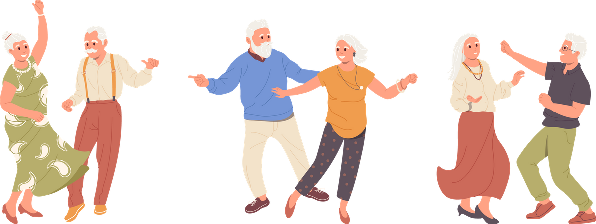 Dancing elderly people character romantic loving couple moving together holding hands  Illustration