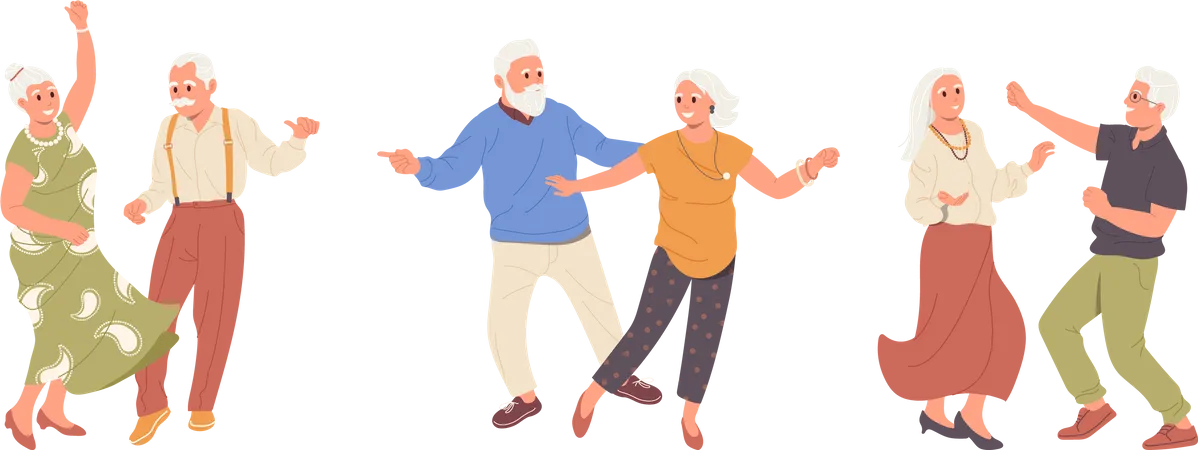 Dancing elderly people character romantic loving couple moving together holding hands  Illustration