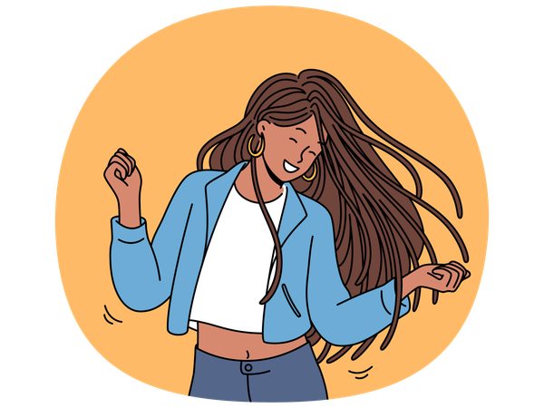 Dancing girl enjoys rhythmic movements to music and swings long dreadlocks  Illustration