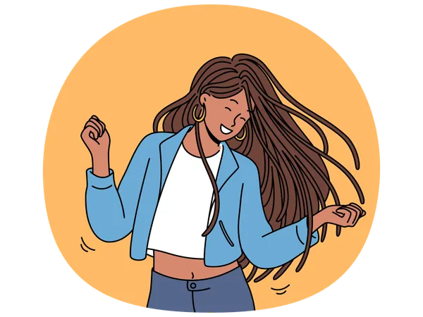 Dancing girl enjoys rhythmic movements to music and swings long dreadlocks  Illustration