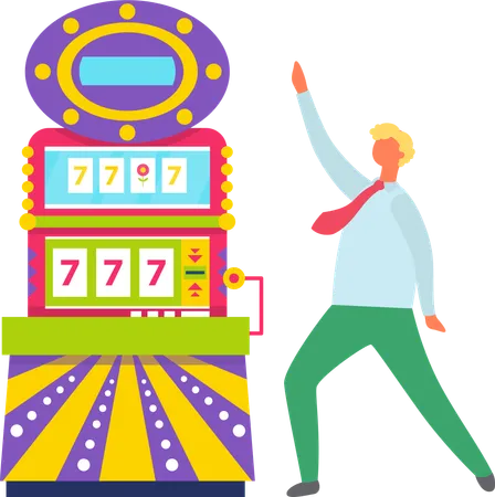 Happy Gambler Dancing Man Vector Isolated Person Standing By Slot Machine With Numbers 777 Lucky Sevens Gambling Games And Victory Money Gaining Illustration