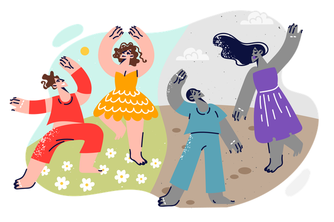 Dancing men and women experience different emotions from open-air disco on lawn  イラスト