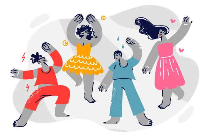 Dancing men and women with different emotions participate in music party or youth disco  イラスト