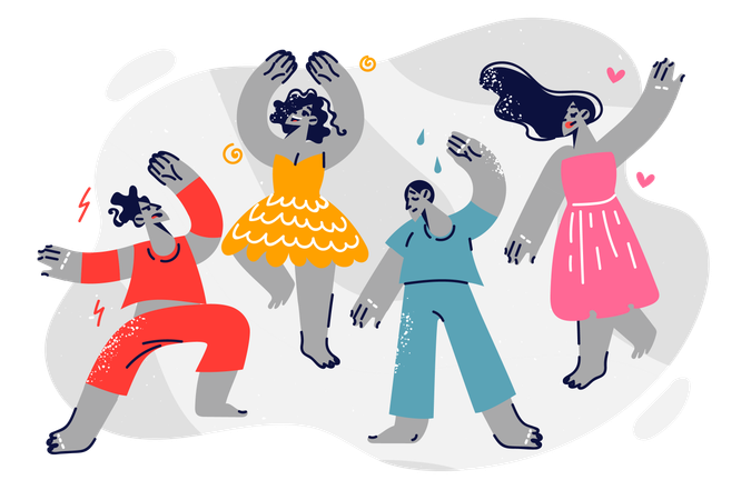 Dancing men and women with different emotions participate in music party or youth disco  Illustration