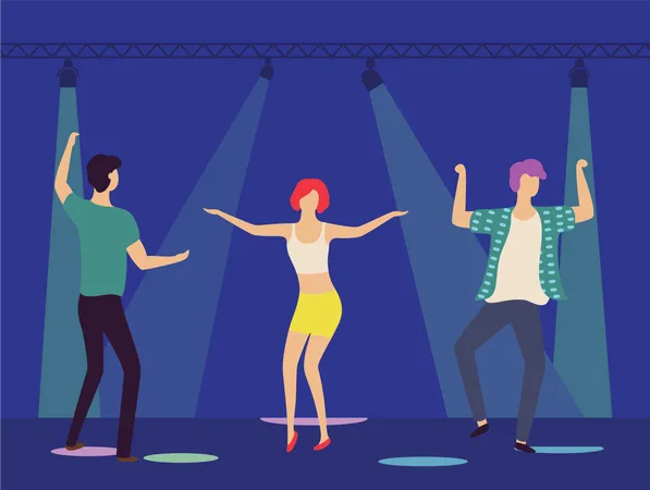 Dancing Couple Man And Woman And Their Male Friend On Party Together Vector Dancers Under Light Projectors Searchlights People In Disco Club Spotlights Illustration