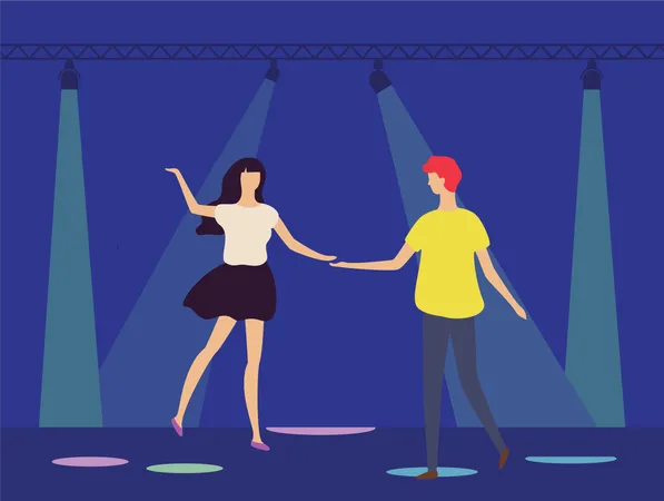 Dancing People In Disco Club Under Spotlights Happy Couple Man And Woman On The Party Having Fun Together Dancers On Stage Light Projectors Searchlights Flat Cartoon Illustration
