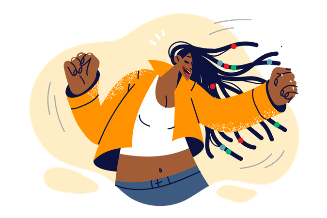 Dancing woman with african american appearance and long dreadlocks enjoying disco or friday party  イラスト