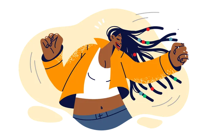 Dancing woman with african american appearance and long dreadlocks enjoying disco or friday party  イラスト