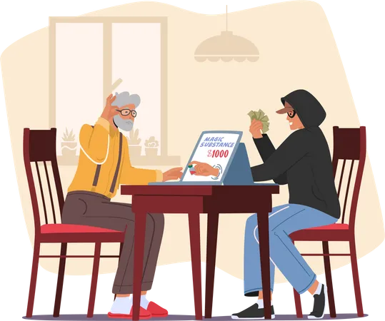 Dangerous Acquaintance Online Concept With Senior Male Character Buying Magic Substance In Internet Under Fraud Pressure Old People Safety In Cyberspace Concept Cartoon Vector Illustration Illustration