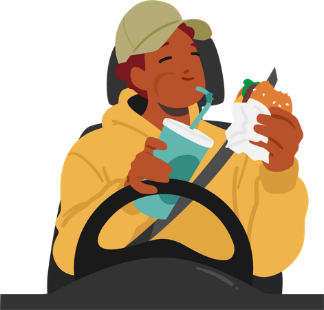Dangerous behaviour of Man with Multitasking By Eating While Driving  일러스트레이션