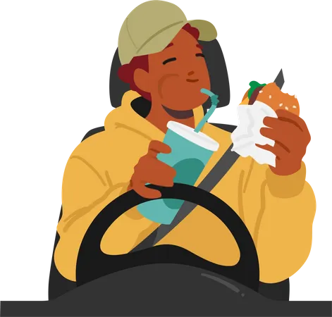 Dangerous Behavior Of Man Character Multitasking By Eating While Driving Posing A Risk To Himself And Others On The Road Lead To Distraction And Potential Accident Cartoon People Vector Illustration 일러스트레이션