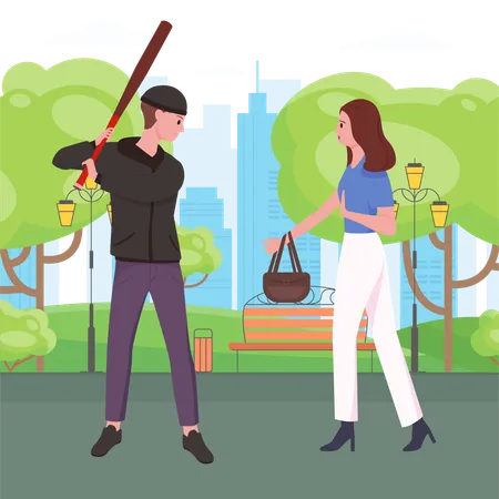 Robbery And Theft On City Street Vector Illustration Cartoon Dangerous Burglar And Girl Victim Standing On Alley Of Park Threat From Male Robber With Stick To Take Away Bag From Walking Woman Illustration