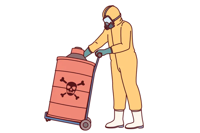 Dangerous Toxic Substances In Barrel Near Specialist In Chemical Protection Suit And Respirator Harmful Toxic Waste In Red Cask On Trolley For Transportation For Concept Of Environmental Pollution Illustration