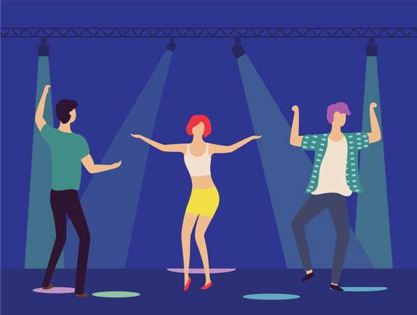 Des gens qui dansent dans une discothèque sous les projecteurs  Illustration