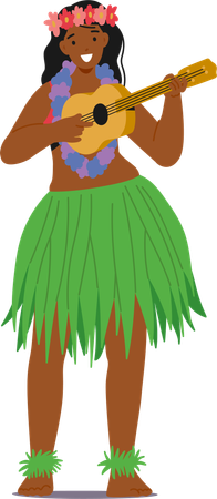 Danseuse hawaïenne joyeuse en jupe verte vibrante et jouant du ukulélé  Ilustración