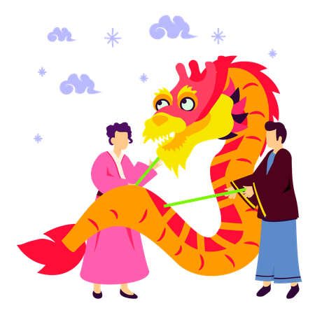 Danza del dragón y el león en el año nuevo chino  Ilustración
