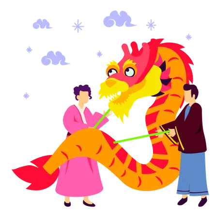 Danza del dragón y el león en el año nuevo chino  Ilustración