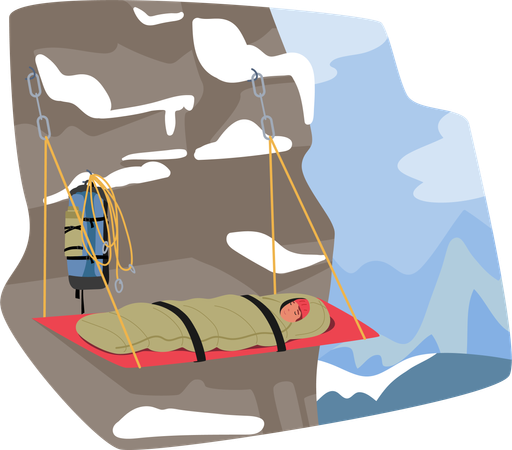 Daring Mountain Climber Character Snoozes In A Hanging Bed  Illustration