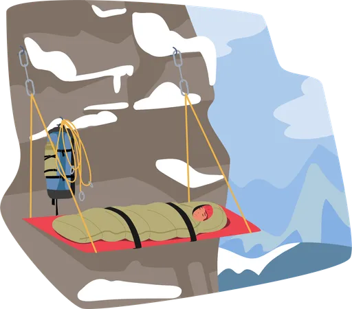 Daring Mountain Climber Character Snoozes In A Hanging Bed  Illustration