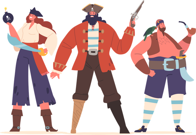 Daring Pirate Crew Male Female Characters In Tattered Attire  Illustration