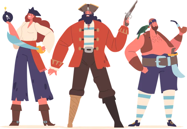 Daring Pirate Crew Male Female Characters In Tattered Attire Stands Defiantly With Bomb Smoking Pipe And Gun Ready For High Seas Adventures And Buried Treasure Quests Cartoon Vector Illustration Illustration