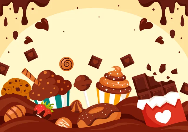 World Chocolate Day Celebration Vector Illustration On 7 July With Melted Chocolates And Cake In Flat Cartoon Background Design Illustration