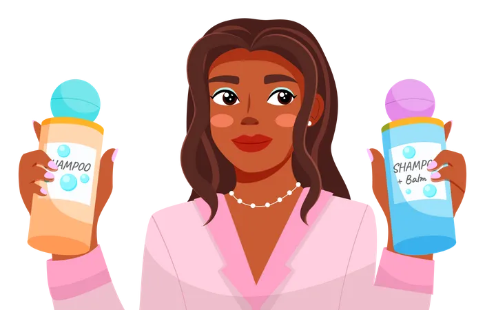 Dark Skinned Young Beautiful Girl In Pink Jacket Closeup Girl Holds Shampoo And Balm Young Female With Curly Hair Hair Care Master Class Blogger Streamer Model Video Broadcast Flat Image Illustration