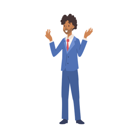 Dark-skinned man in  blue business suit with  red tie raised his hands up  Illustration