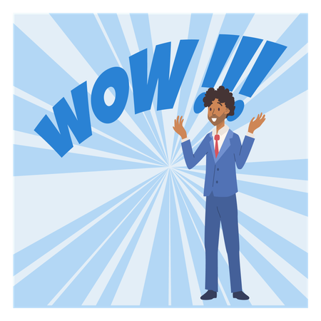 Dark-skinned man in  blue business suit with  red tie raised his hands up  Illustration