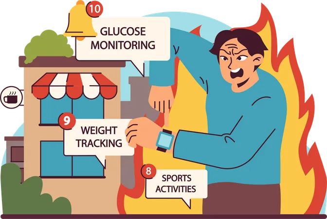 Darstellung der Intensität des Diabetesmanagements mit Glukoseüberwachung und Gewichtskontrolle im täglichen Leben  Illustration