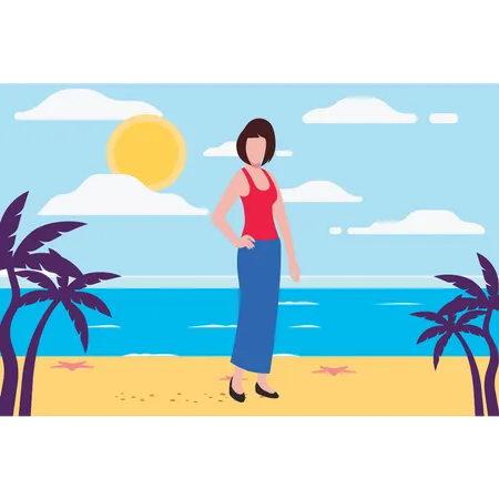 Das Mädchen ist im Sommer am Strand  Illustration