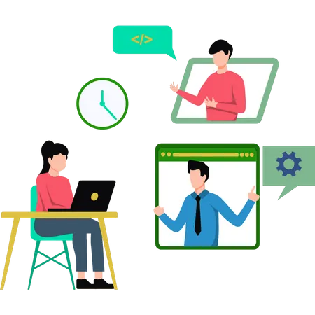 Das Mädchen nimmt an einer Telefonkonferenz teil  Illustration