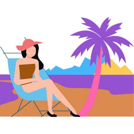 Das Mädchen sitzt auf einem Stuhl am Strand  Illustration