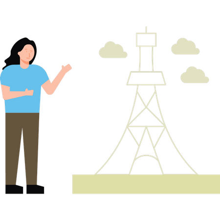 Das Mädchen steht neben dem Eiffelturm  Illustration