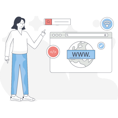 Das Mädchen zeigt auf die Registrierung einer Webdomäne  Illustration