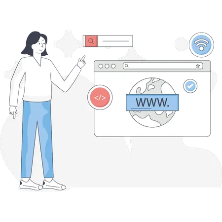 Das Mädchen zeigt auf die Registrierung einer Webdomäne  Illustration